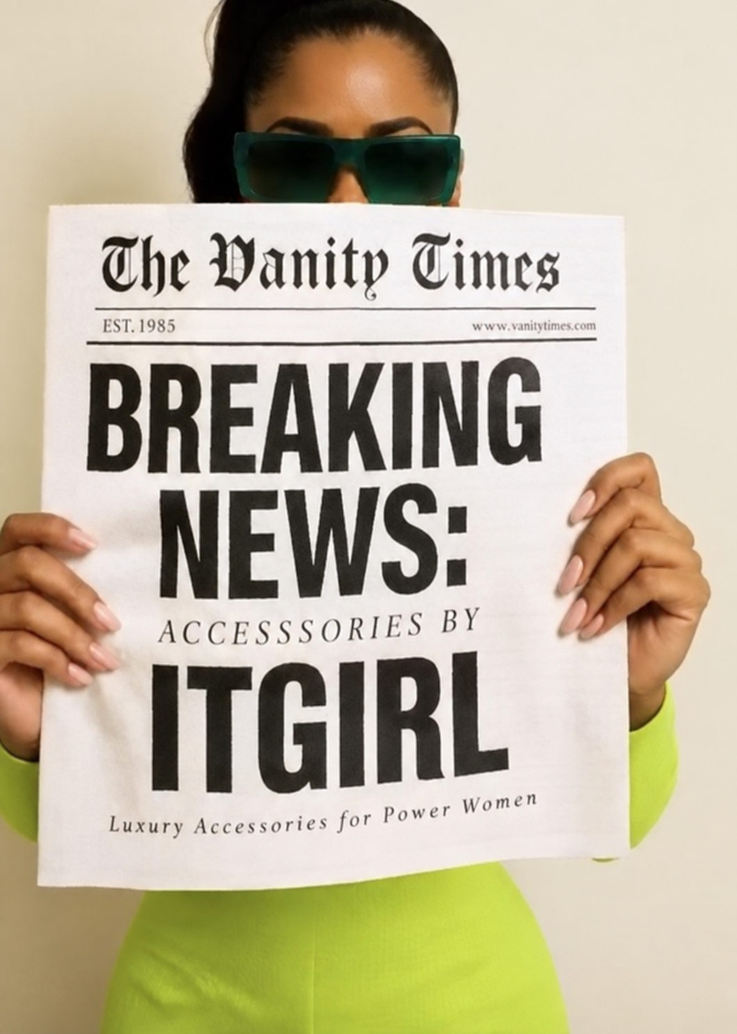 DaVonna May holding an It Girl breaking-news newspaper