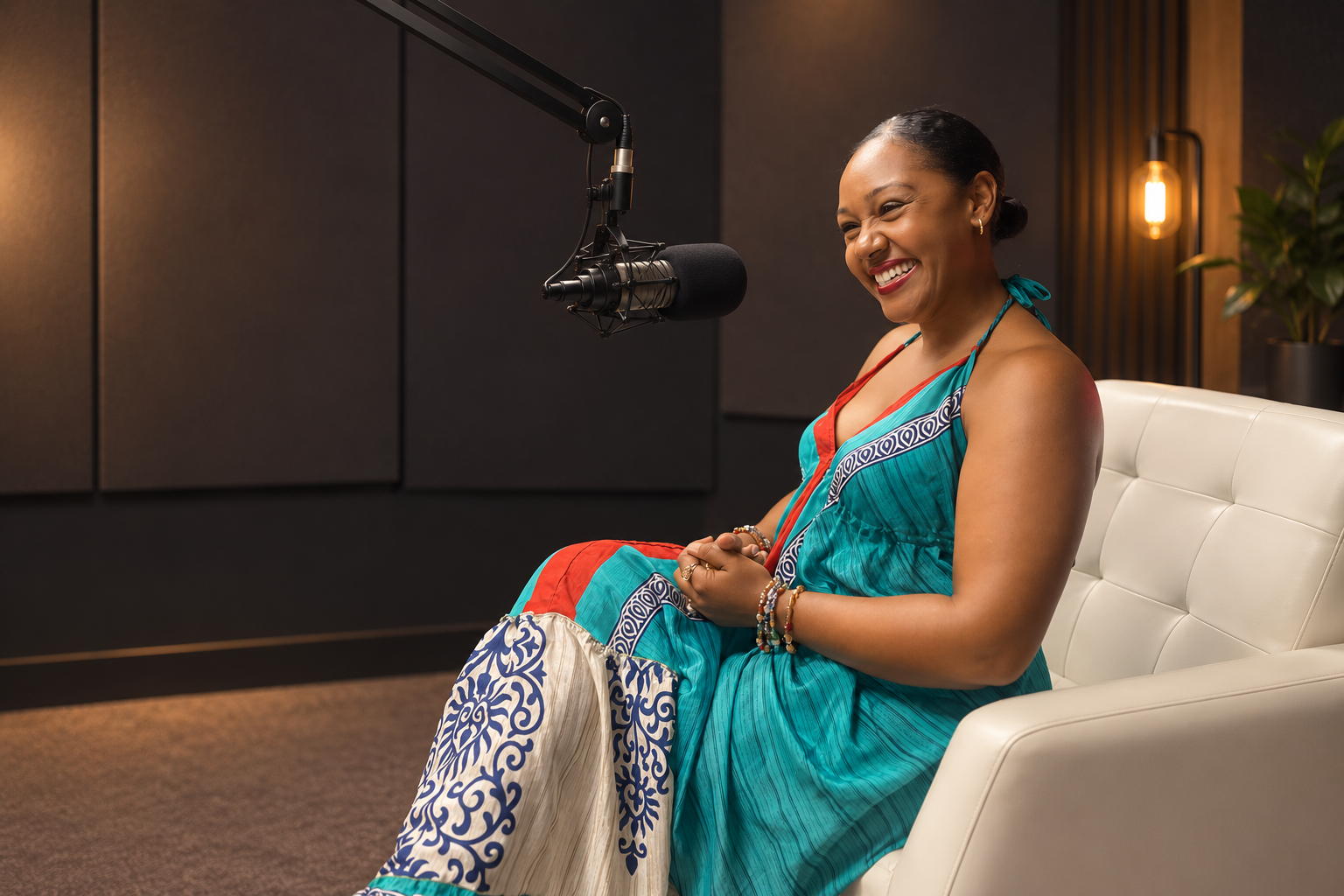 DaVonna May seated in a radio studio beside a broadcast microphone