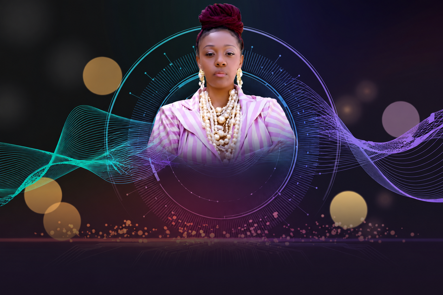 DaVonna May framed by teal and violet digital visualization waves