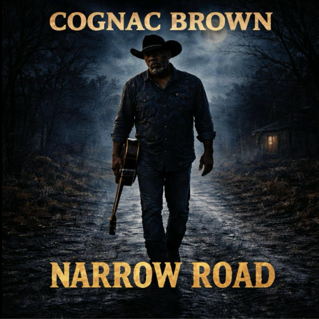 Cognac Brown Narrow Road artwork with a cowboy and guitar
