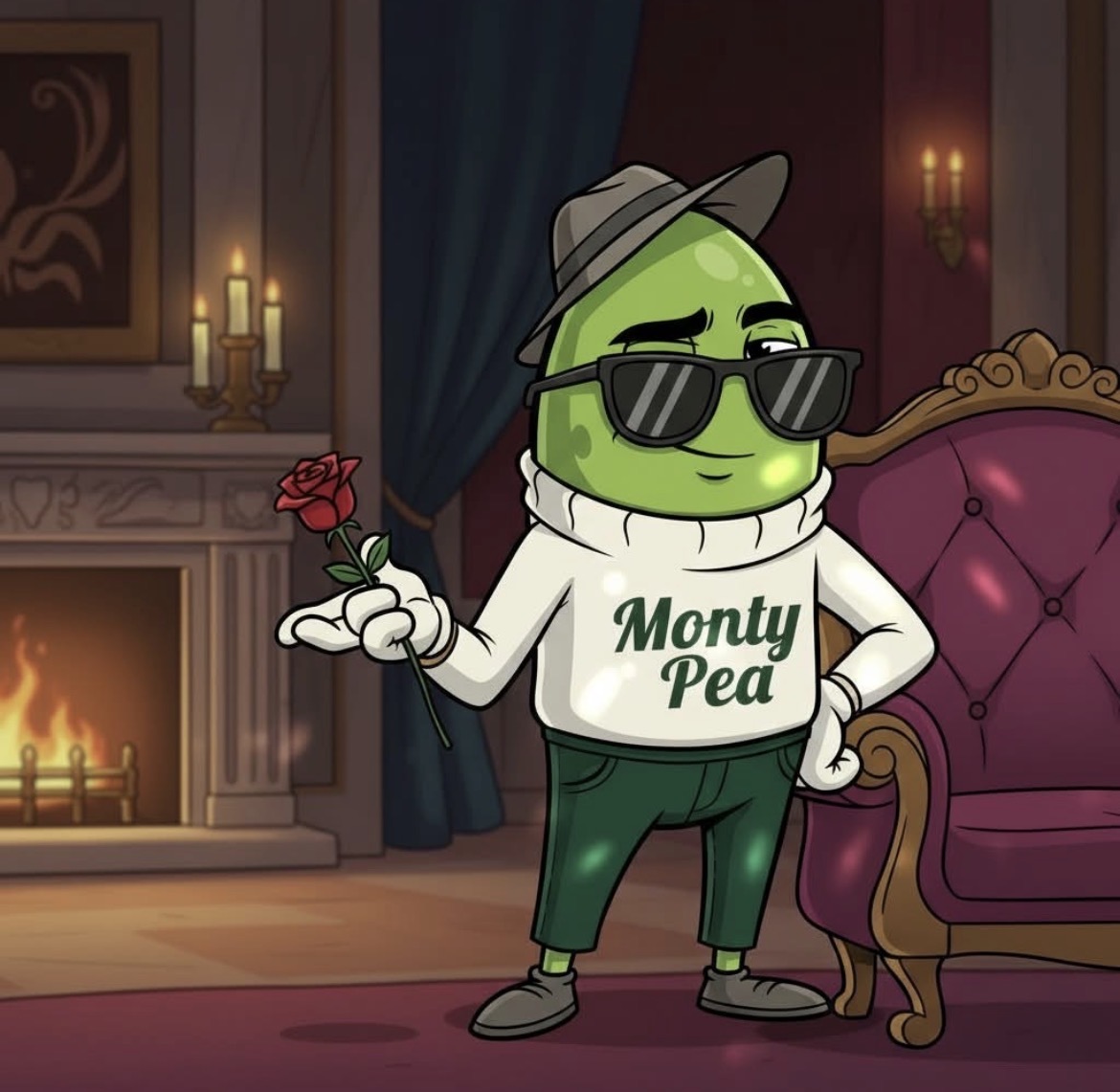 Monty Pea wearing sunglasses and a fedora, holding a red rose beside a velvet chair