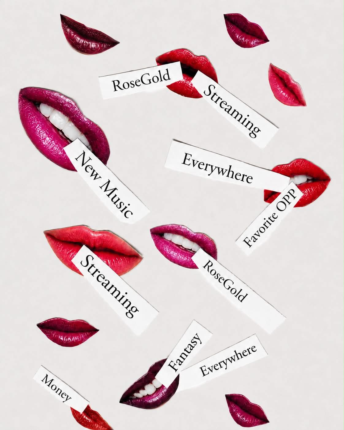 RoseGold music campaign with red lips and cut-paper lettering